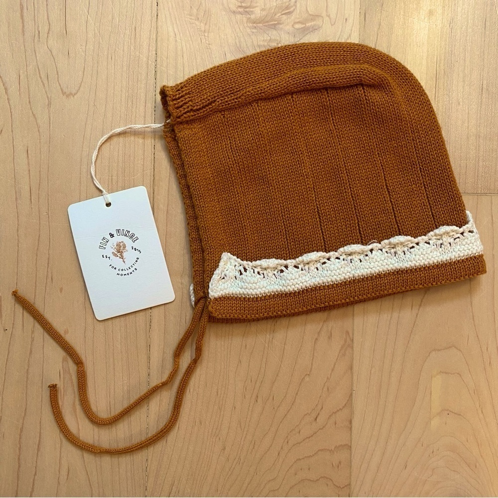 Fin & Vince NEW Adeline Mustard Knitted Crochet Lace Bonnet